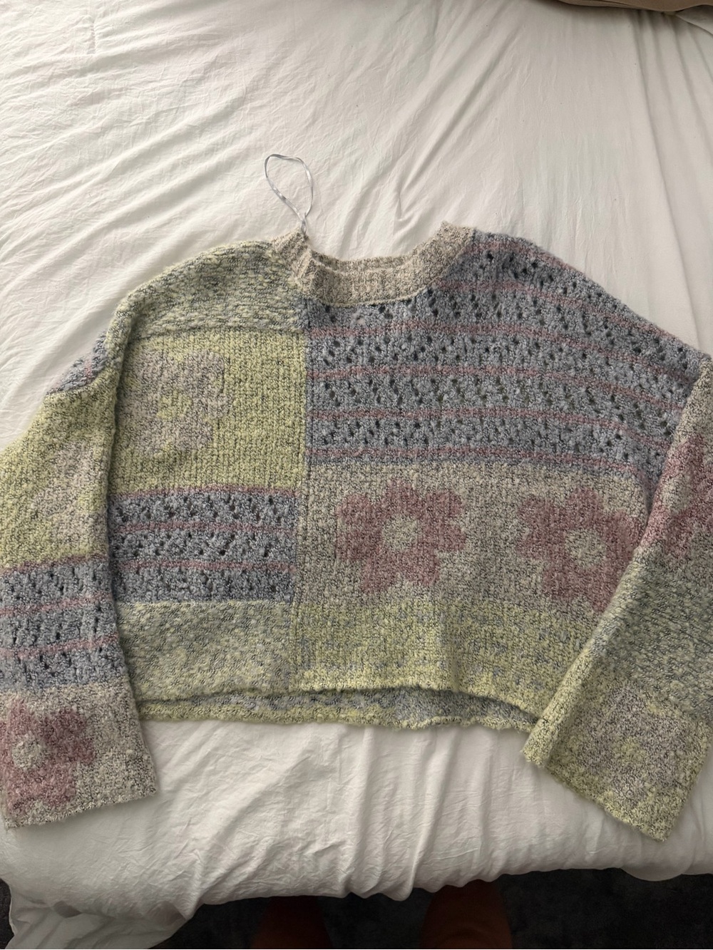 Women's Cropped Floral Patchwork Sweater in Pastel Green and Pink